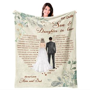to My Son and Daughter in Law Gifts Ideas on Wedding Day from Mom Dad - Wedding Engagement Birthday Gifts for Son and Daughter in Law Throw Blanket Flannel Fleece Soft Warm for Bed Sofa 60”x50”