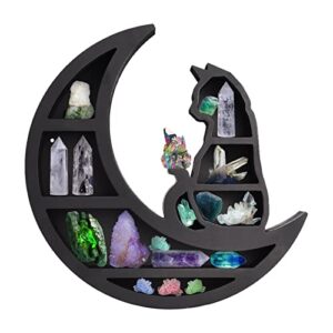 cat on the moon wooden shelf for crystals, 14inch black wall mounted moon crystals display shelf, crescents moon phase shelf for crystals stone,essential oil,small plant art,gothic witchy home decor