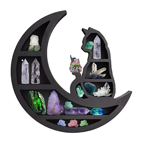 Cat on The Moon Wooden Shelf for Crystals, 14Inch Black Wall Mounted Moon Crystals Display Shelf, Crescents Moon Phase Shelf for Crystals Stone,Essential Oil,Small Plant Art,Gothic Witchy Home Decor