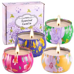 scented candles set for women, 4 pack 4.4 oz natural soy wax with essential oil, portable travel scented candles, long lasting aromatherapy candle for stress relief, bath, holiday, christmas。