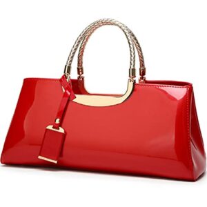 xingchen glossy women handbag faux patent leather top-handle bag structured shoulder bag tote evening purse party satchel(red)