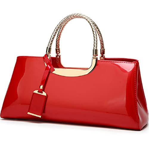 XingChen Glossy Women Handbag Faux Patent Leather Top-Handle Bag Structured Shoulder Bag Tote Evening Purse Party Satchel(Red)