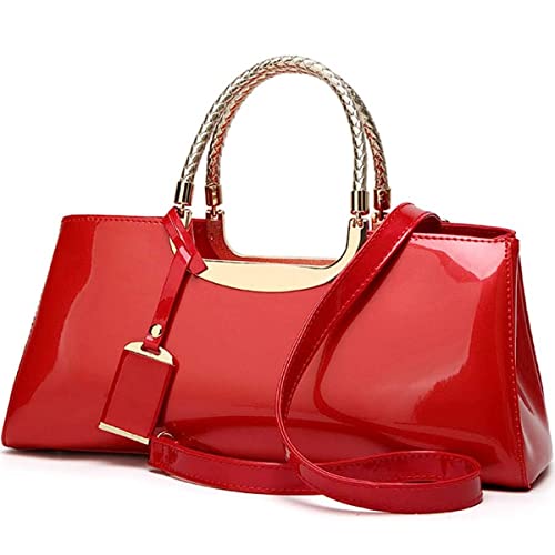 XingChen Glossy Women Handbag Faux Patent Leather Top-Handle Bag Structured Shoulder Bag Tote Evening Purse Party Satchel(Red)