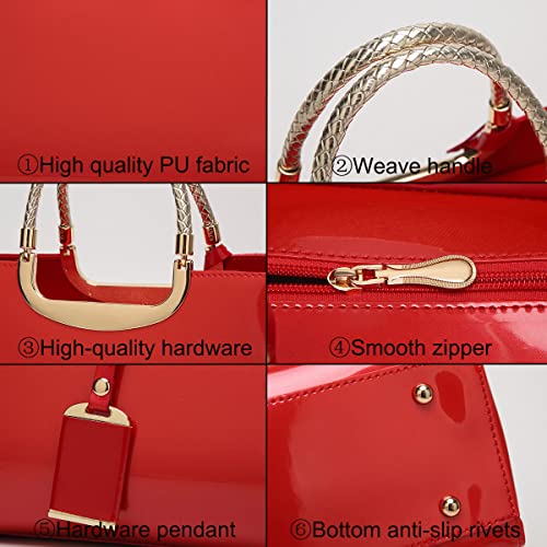 XingChen Glossy Women Handbag Faux Patent Leather Top-Handle Bag Structured Shoulder Bag Tote Evening Purse Party Satchel(Red)