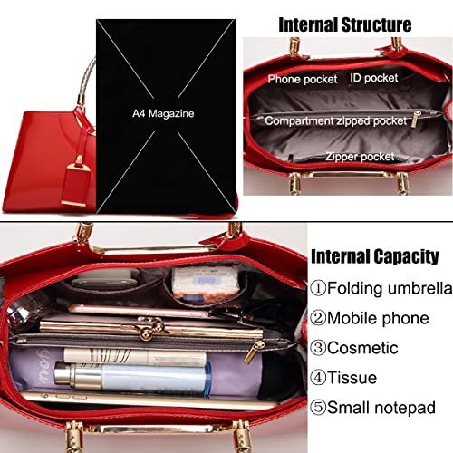 XingChen Glossy Women Handbag Faux Patent Leather Top-Handle Bag Structured Shoulder Bag Tote Evening Purse Party Satchel(Red)