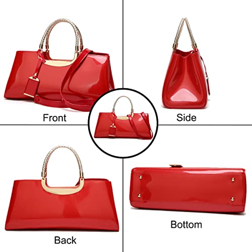 XingChen Glossy Women Handbag Faux Patent Leather Top-Handle Bag Structured Shoulder Bag Tote Evening Purse Party Satchel(Red)