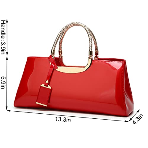 XingChen Glossy Women Handbag Faux Patent Leather Top-Handle Bag Structured Shoulder Bag Tote Evening Purse Party Satchel(Red)