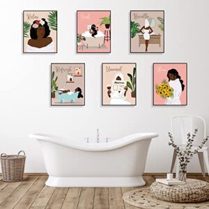 6 Pieces Black Woman Bathroom Wall Art Decor, Motivational African American Black Girl Aesthetic Paintings Posters Unframed Boho Artwork Decor for Bathroom Home, Bedroom, Living Room, SPA Supplies