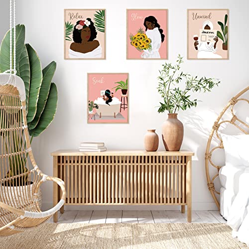 6 Pieces Black Woman Bathroom Wall Art Decor, Motivational African American Black Girl Aesthetic Paintings Posters Unframed Boho Artwork Decor for Bathroom Home, Bedroom, Living Room, SPA Supplies