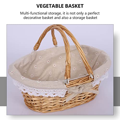 NUOBESTY Oval Willow Basket Wicker Woven Basket, Multipurpose Natural Willow Basket with Handle Premium Linen Cotton Cloth Lining for Storage and Decoration