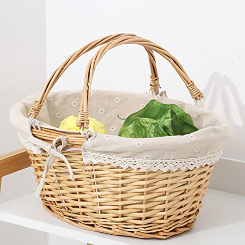 NUOBESTY Oval Willow Basket Wicker Woven Basket, Multipurpose Natural Willow Basket with Handle Premium Linen Cotton Cloth Lining for Storage and Decoration