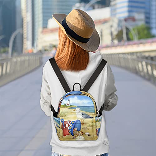 Beach Seagull Painting Mini Backpack Purse for Women, Seagull Small Fashion Daypack, Casual Lightweight Bag