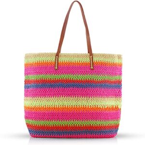 qtkj tote bag for women, summer beach bag handwoven straw shoulder bag, multicolored striped leather shoulder strap, large straw bag suitable for travel work party(pink)