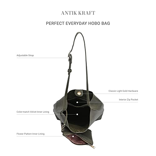 Antik Kraft The Ophelia Hobo Shoulder Bag Purse for Women with Detachable Wristlet, Soft Distressed Vegan Leather - Olive