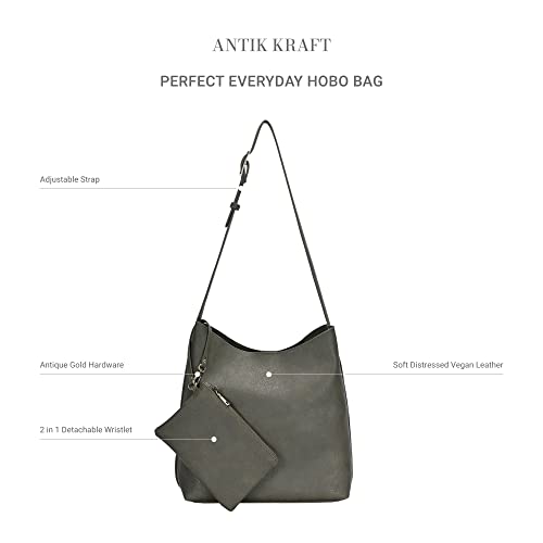 Antik Kraft The Ophelia Hobo Shoulder Bag Purse for Women with Detachable Wristlet, Soft Distressed Vegan Leather - Olive