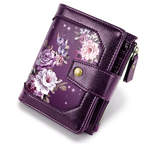 Simikol Small Wallet for Women, RFID Blocking Leather Compact Billfold RFID Blocking Zipper Wallet with ID Window,Purple Flowers