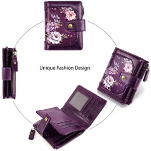 Simikol Small Wallet for Women, RFID Blocking Leather Compact Billfold RFID Blocking Zipper Wallet with ID Window,Purple Flowers