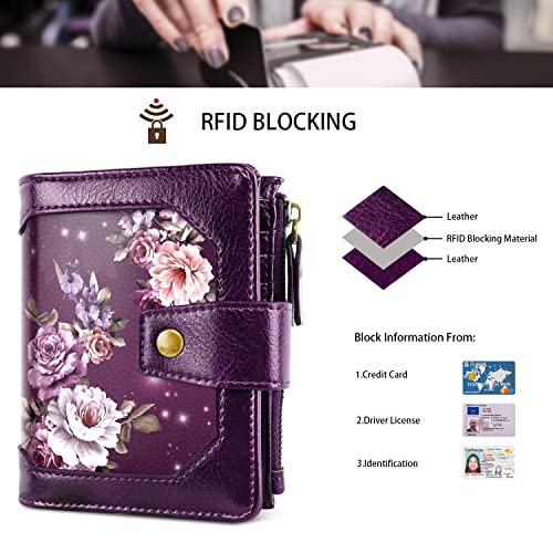 Simikol Small Wallet for Women, RFID Blocking Leather Compact Billfold RFID Blocking Zipper Wallet with ID Window,Purple Flowers