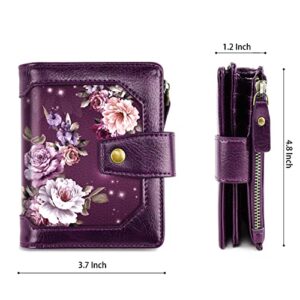 Simikol Small Wallet for Women, RFID Blocking Leather Compact Billfold RFID Blocking Zipper Wallet with ID Window,Purple Flowers