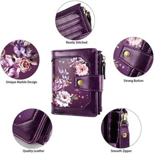 Simikol Small Wallet for Women, RFID Blocking Leather Compact Billfold RFID Blocking Zipper Wallet with ID Window,Purple Flowers