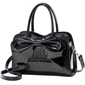xingchen shiny women handbag patent leather bowknot purse charm glossy top-handle satchel tote fashion shoulder bag(black)