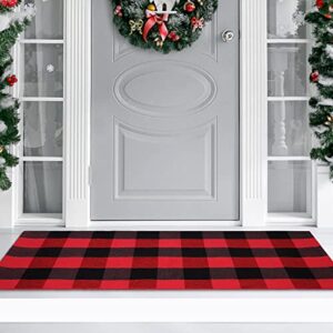 Christmas Door Mat Outdoor, Black Red Buffalo Plaid Outdoor Rug 23.6 x 51.2'' Front Door Mat, Washable Christmas Welcome Mat for Front Porch, Kitchen, Bathroom, Farmhouse, Entry Way, Laundry Room