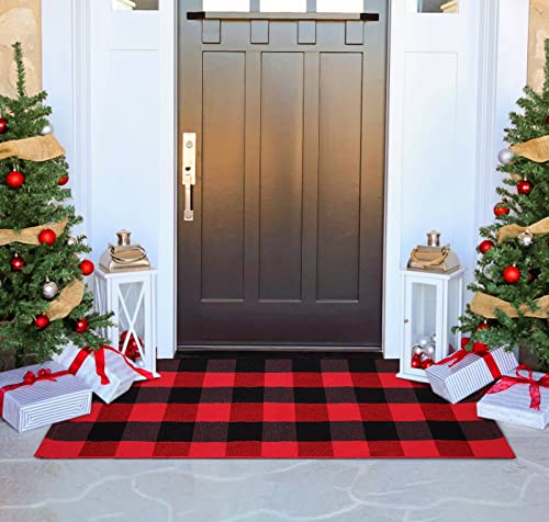 Christmas Door Mat Outdoor, Black Red Buffalo Plaid Outdoor Rug 23.6 x 51.2'' Front Door Mat, Washable Christmas Welcome Mat for Front Porch, Kitchen, Bathroom, Farmhouse, Entry Way, Laundry Room