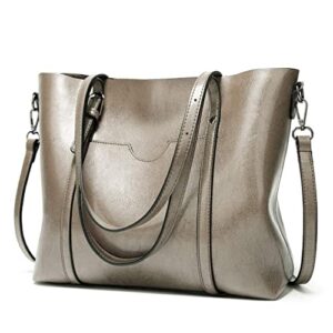 panzexin women top handle satchel handbags messenger shoulder bag for women oil wax leather tote (light grey)