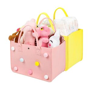 yesesion 2 pack felt storage basket with handle,collapsible baby diaper caddy organizer, portable nursery storage bin for bottles, closet, toys, cute tote bags for kids/women (medium-pink/yellow)