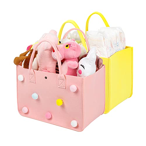 Yesesion 2 Pack Felt Storage Basket with Handle,Collapsible Baby Diaper Caddy Organizer, Portable Nursery Storage Bin for Bottles, Closet, Toys, Cute Tote Bags for Kids/Women (Medium-Pink/Yellow)