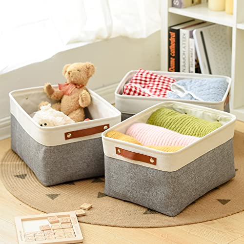 Tegance Collapsible Storage Bins for Organizing - Large 3 Pack Fabric Storage Baskets Linen Closet Organizer Decorative Storage Bins with PU Handles for Storage Home Closet, Office Shelf…