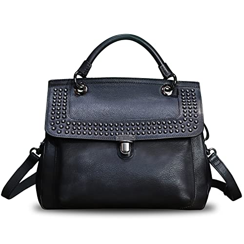 Genuine Leather Satchel Purse for Women Retro Handmade Top Handle Handbag Rivet Style Crossbody Bag (Darkgrey)