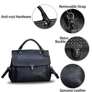 Genuine Leather Satchel Purse for Women Retro Handmade Top Handle Handbag Rivet Style Crossbody Bag (Darkgrey)