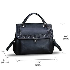 Genuine Leather Satchel Purse for Women Retro Handmade Top Handle Handbag Rivet Style Crossbody Bag (Darkgrey)