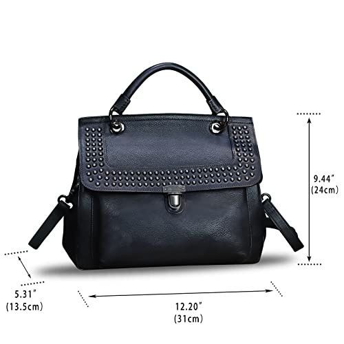 Genuine Leather Satchel Purse for Women Retro Handmade Top Handle Handbag Rivet Style Crossbody Bag (Darkgrey)