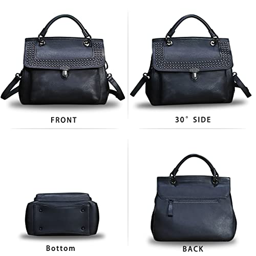 Genuine Leather Satchel Purse for Women Retro Handmade Top Handle Handbag Rivet Style Crossbody Bag (Darkgrey)