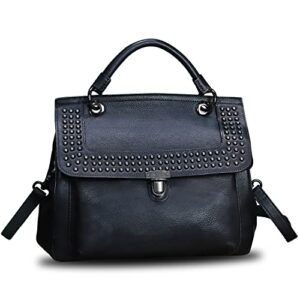 Genuine Leather Satchel Purse for Women Retro Handmade Top Handle Handbag Rivet Style Crossbody Bag (Darkgrey)