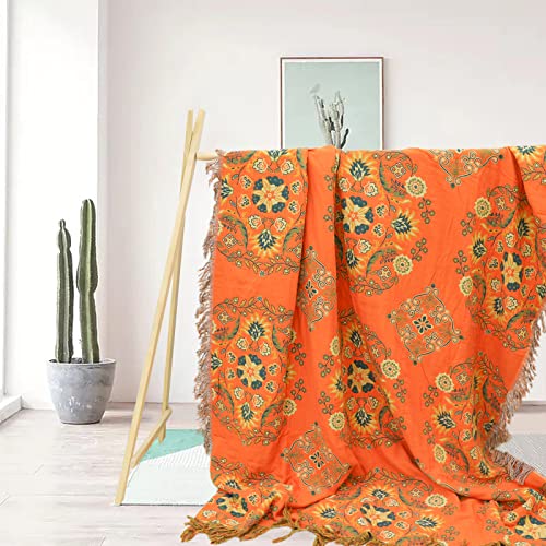 Bohemian Throw Blanket, MODUSKYE Orange Vintage Blankets 59x78 Inch Natural Cotton Mandala Full Blanket Quilt for Bed Couch, Reversible Cozy Soft
