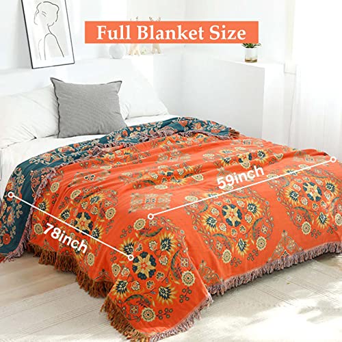 Bohemian Throw Blanket, MODUSKYE Orange Vintage Blankets 59x78 Inch Natural Cotton Mandala Full Blanket Quilt for Bed Couch, Reversible Cozy Soft