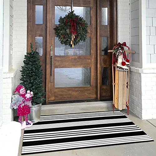 Black and White Outdoor Rug 3' x 5', Washable Rugs Front Door Mat Cotton Woven Kitchen Rug Entryway Rug Indoor/Outdoor Rugs Layered Doormats for Front Porch/Farmhouse/Patio