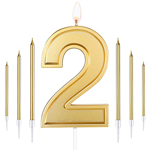 3.94 Inches Oversized 1 Candle Birthday Candles Numbers with 6 Gold Long Thin Metallic Birthday Candles Gold Birthday Candles One Candle Cake Number Candles, Party Celebration (Number 2)