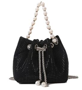 mini crossbody shoulder evening bag shinny bling clutch purse bucket pearl strap handbag for women (black)