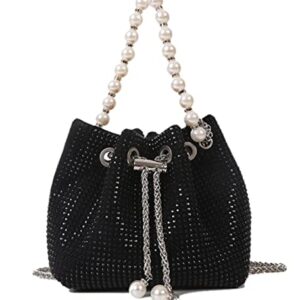 Mini Crossbody Shoulder Evening Bag Shinny Bling Clutch Purse Bucket Pearl Strap Handbag for Women (Black)