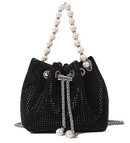 Mini Crossbody Shoulder Evening Bag Shinny Bling Clutch Purse Bucket Pearl Strap Handbag for Women (Black)