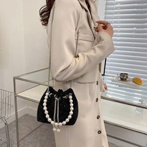 Mini Crossbody Shoulder Evening Bag Shinny Bling Clutch Purse Bucket Pearl Strap Handbag for Women (Black)