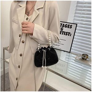 Mini Crossbody Shoulder Evening Bag Shinny Bling Clutch Purse Bucket Pearl Strap Handbag for Women (Black)