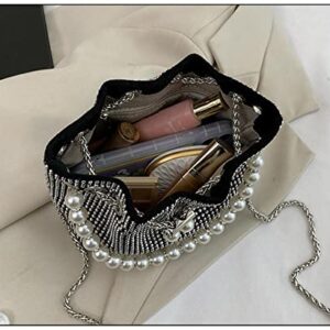 Mini Crossbody Shoulder Evening Bag Shinny Bling Clutch Purse Bucket Pearl Strap Handbag for Women (Black)