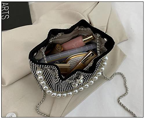 Mini Crossbody Shoulder Evening Bag Shinny Bling Clutch Purse Bucket Pearl Strap Handbag for Women (Black)