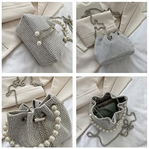 Mini Crossbody Shoulder Evening Bag Shinny Bling Clutch Purse Bucket Pearl Strap Handbag for Women (Black)