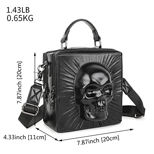 Chikencall 3D Skull Top-handle Bag Zippered Punk Rock Shoulder Bag Vegan Leather Waterproof Embossed Ghost Head Handbag Black Medium Satchel